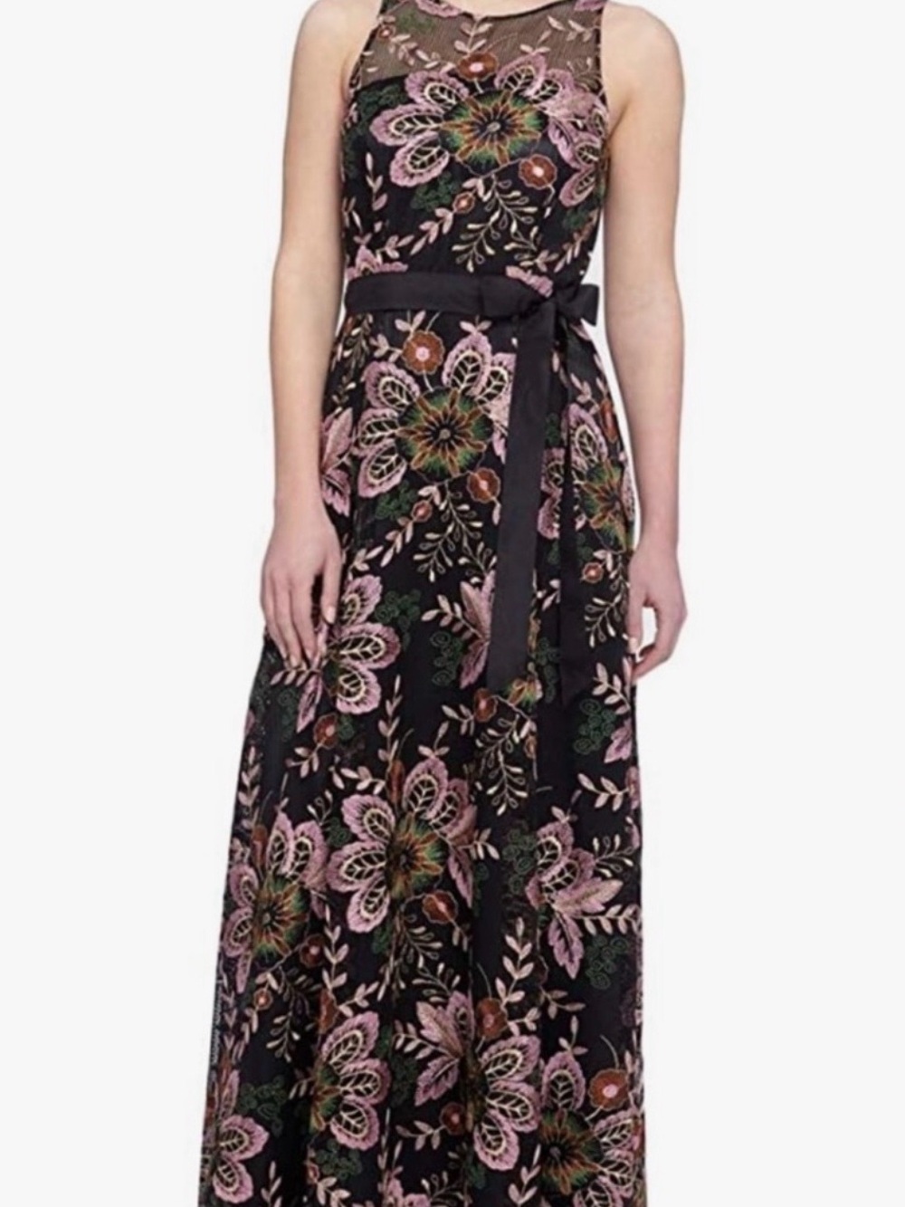 Tahari Floral Embroidered Black Maxi Dress with Pink Accents, size 8